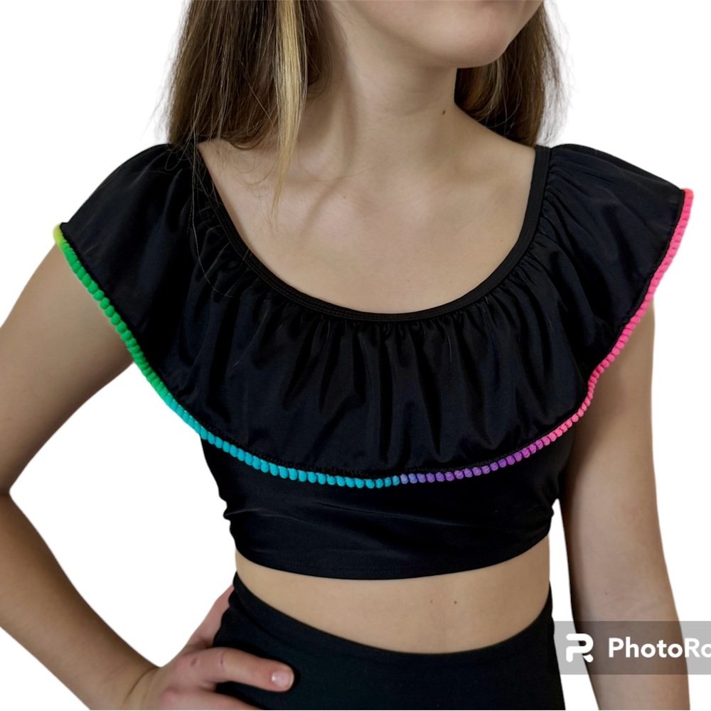 Stylish Black Backless Ruffle Trim CropTop Size S-M.